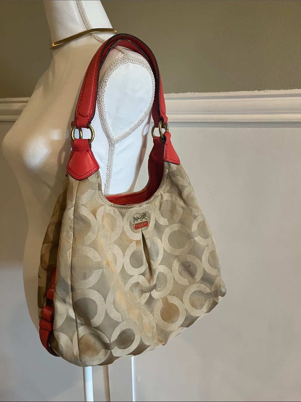Coach Boho Beige Signature Canvas Shoulder Bag Orange Pink Trim